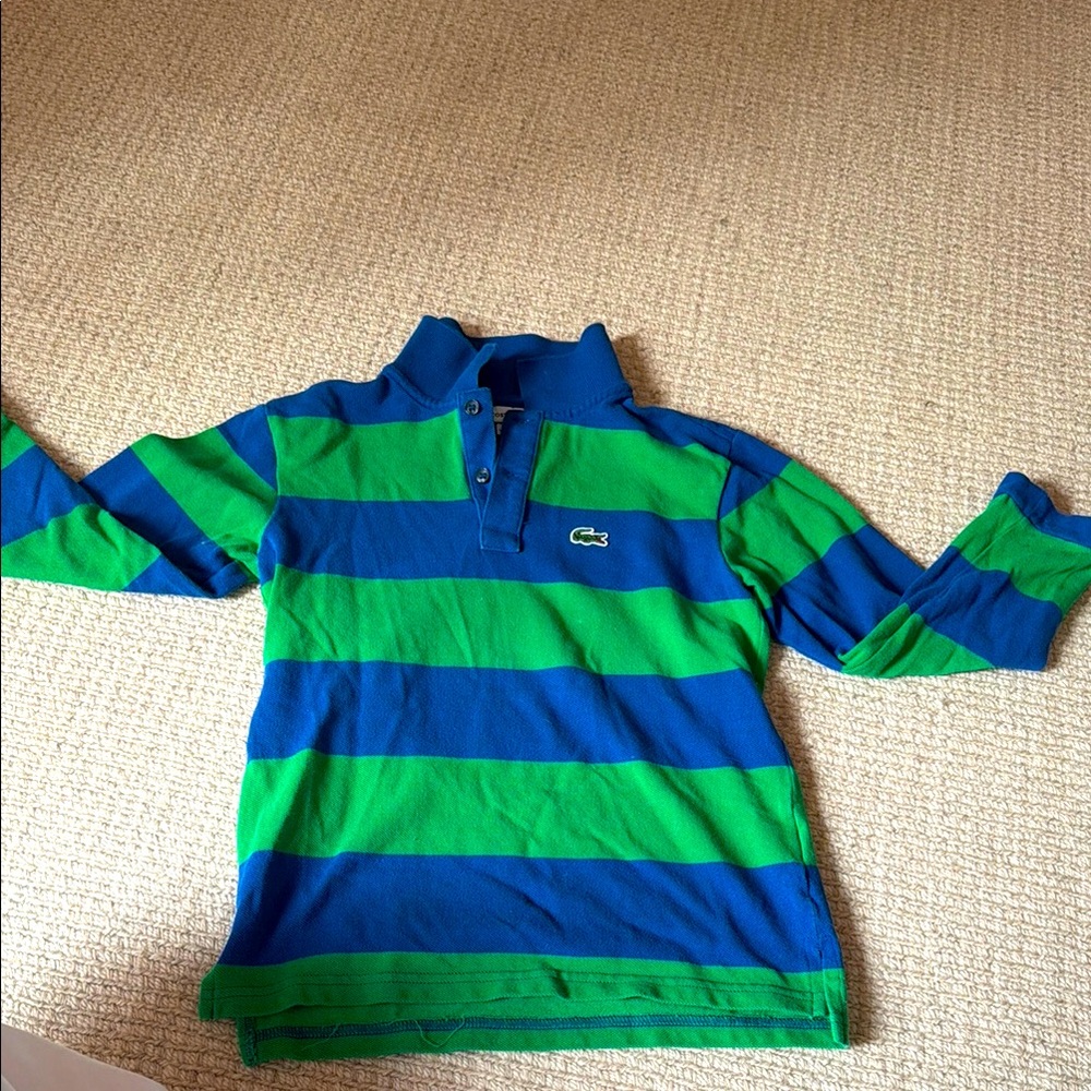 Boys green and blue striped Lacoste collared shirt!!! In amazing condition!
